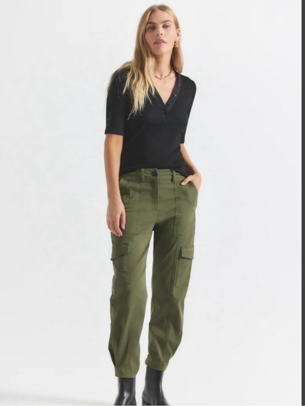 10 Crosby Derek Lam Black Knit Top with Olive Cargo Pants